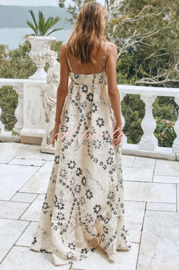 Linen Blend Floral Print Strappy Full-hem Backless Maxi Dress