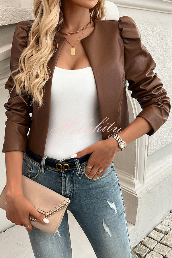 Yelissa Faux Leather Statement Long Sleeve Open Front Crop Jacket