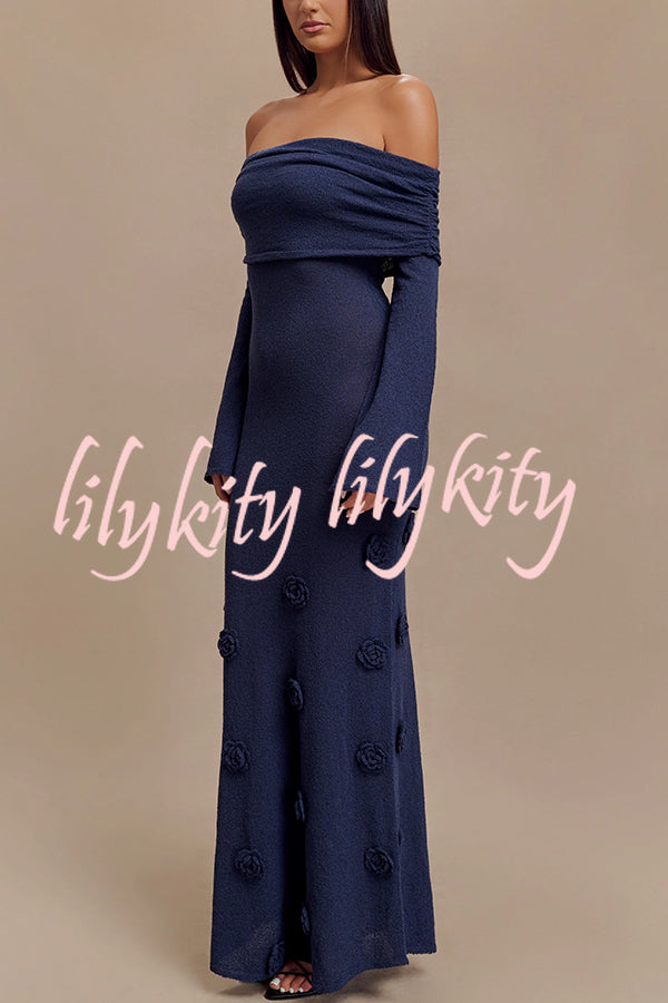 Timeless Sophistication Knit Off Shoulder Rose Detail Stretch Maxi Dress