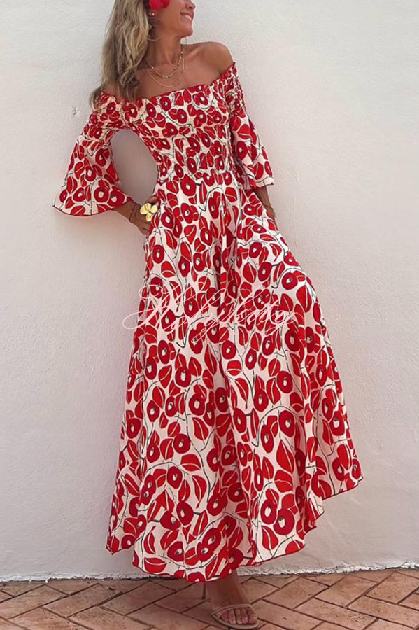 Close To The Vacation Floral Print Smocked Off Shoulder Pocketed Maxi Dress