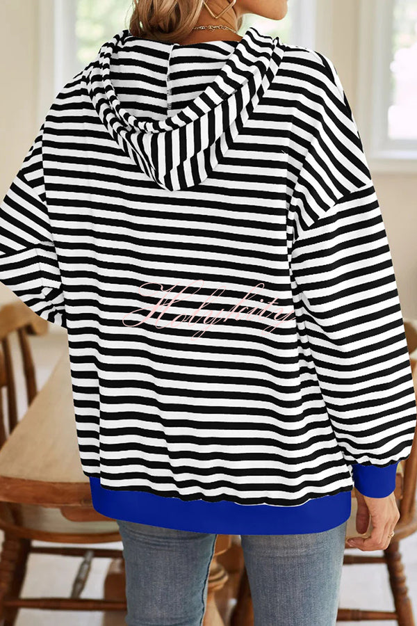 Striped Print Long Sleeve Pocket Loose Hoodie