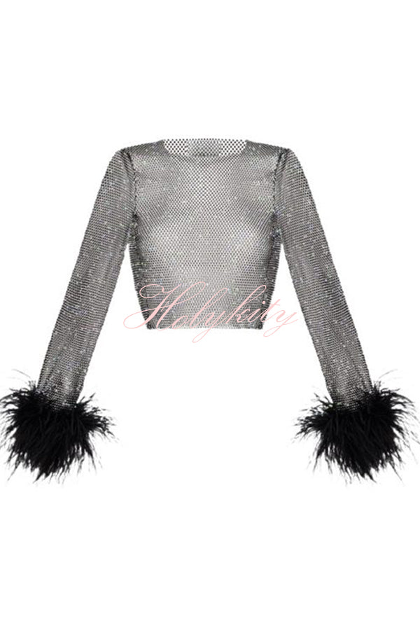 Sparkly Holiday See-through Glitter Fabric Feather Trim Top