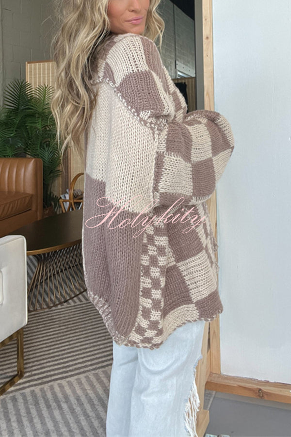 Casual Plaid Mid-length Loose Knitted Outerwear