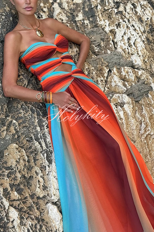 Neon Sunset Mesh Printed Twist Cutout Off Shoulder Vacation Maxi Dress