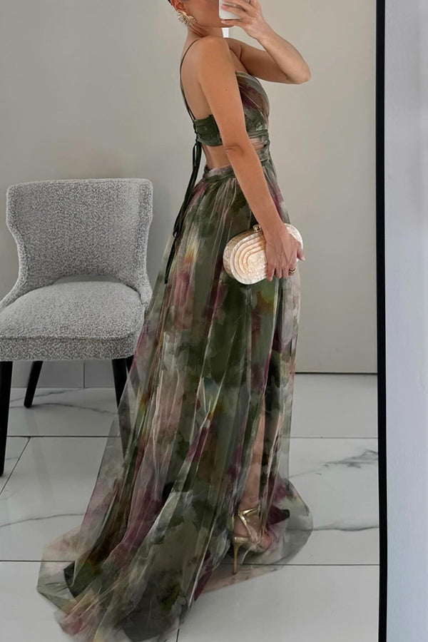 Giselle Tulle Render Floral Print Cutout Waist Back Lace-up Maxi Dress