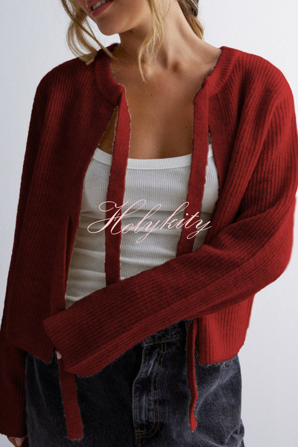 Solid Color Loose Long Sleeve Lace-up Knitted Cardigan