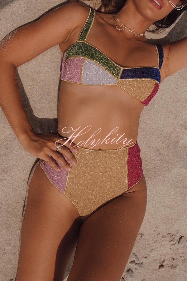 Dream Beach Glitter Fabric Color Block High Waist Bikini Swimsuit