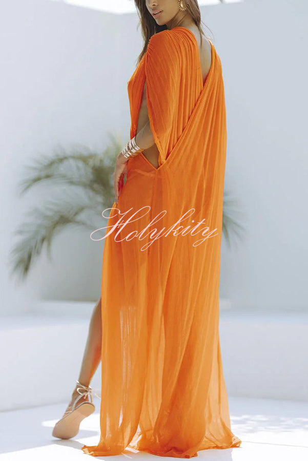 Enjoy Your Vacation Linen Blend Ruched Shoulder Drape Loose Cover Up Maxi Dress