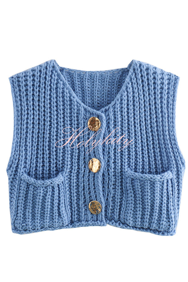 Solid Color Sleeveless Pocket Knitted Vest