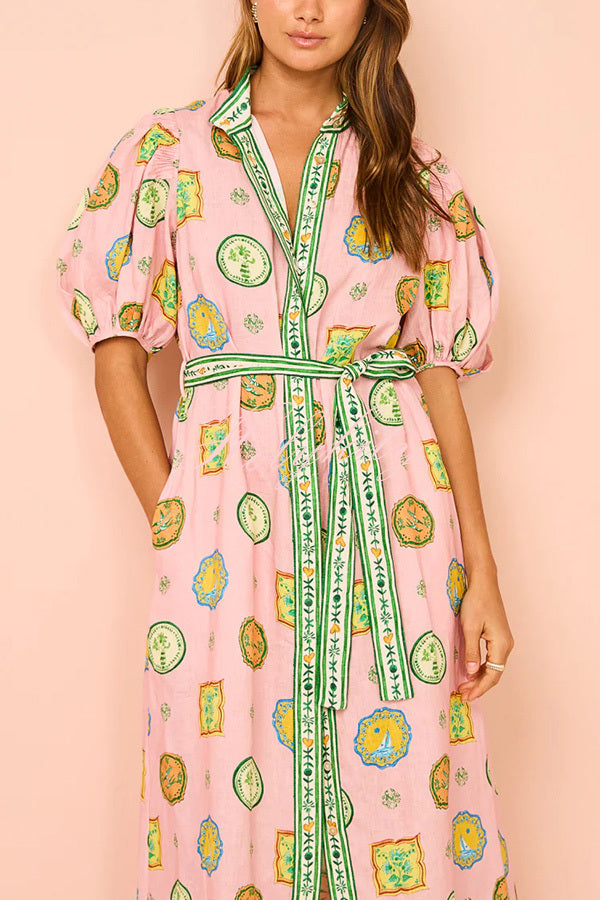 Orla Unique Print Balloon Sleeves Printed Belt Pocket Midi Dress