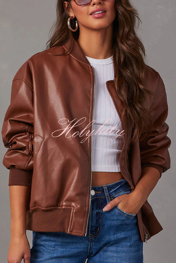 Solid Color Long Sleeve Loose Pocket Leather Jacket