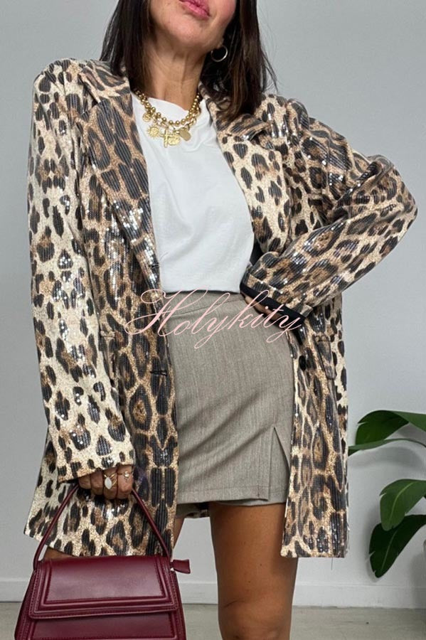 Ignite My Heart Sequin Leopard Print Lapel Oversized Blazer