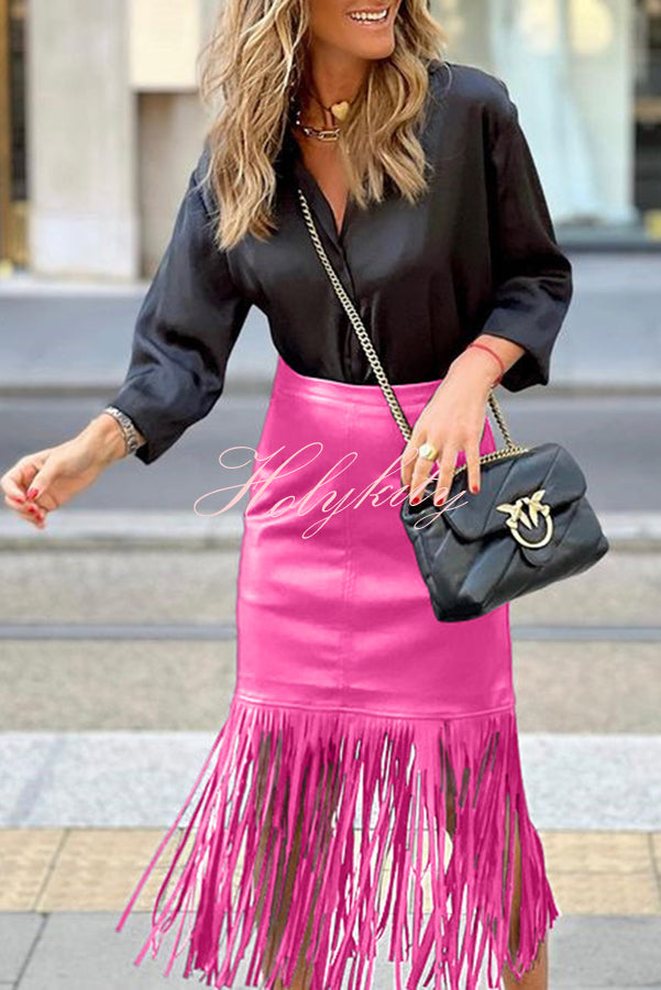 Haow Solid Color Fringed Paneled Leather Skirt