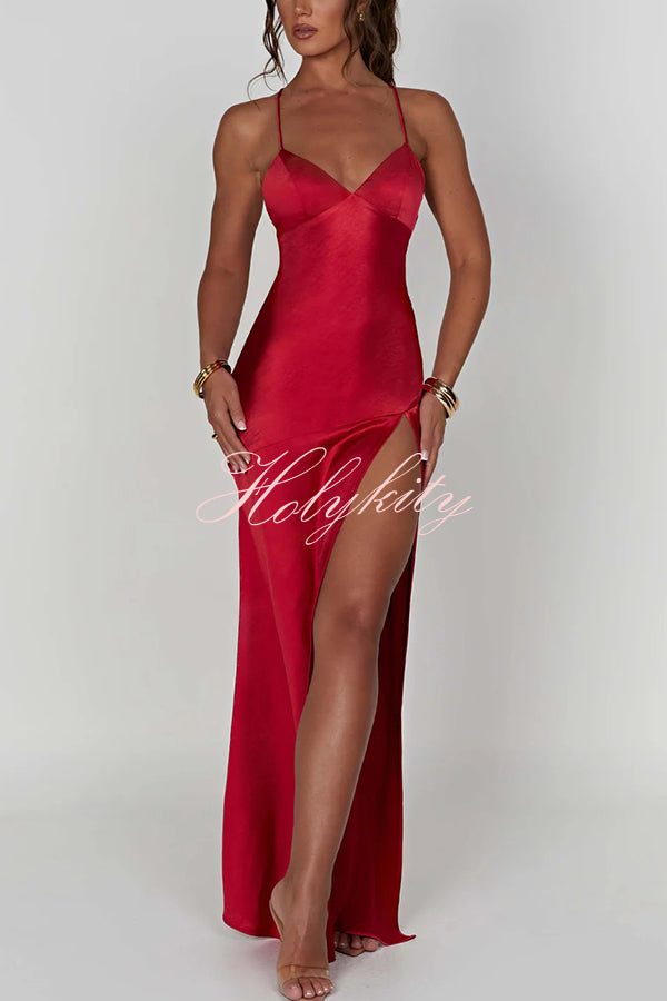 Satin Solid Color Sexy Backless Lace Up High Slit Maxi Dress