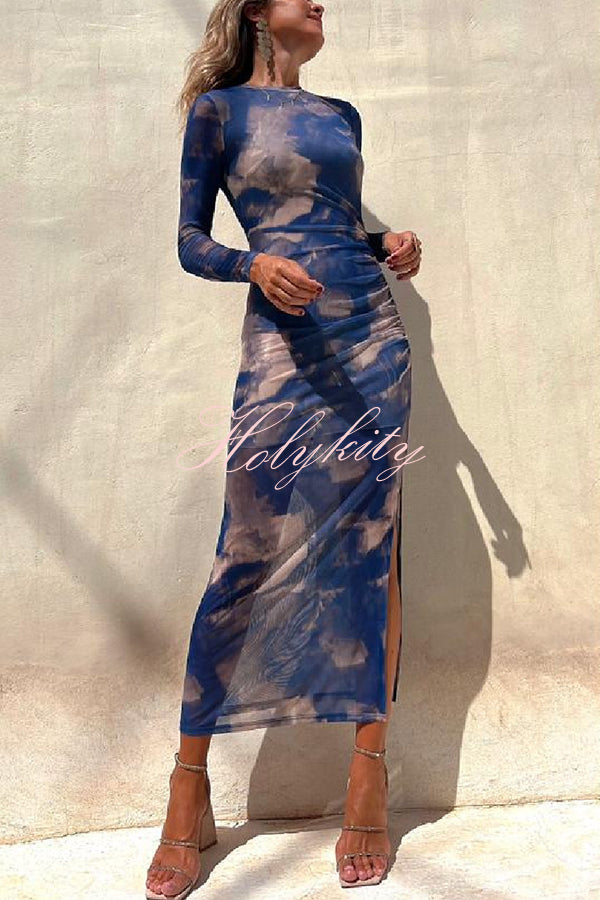 Charm Lady Mesh Overlay Tie Dye Print Long Sleeve Ruched Stretch Midi Dress