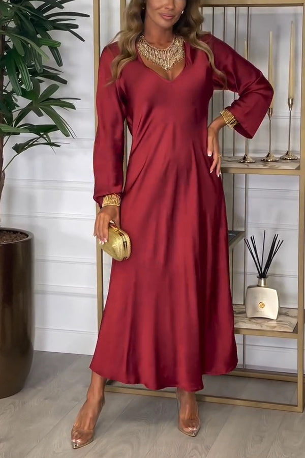 Solid Color V-neck Long-sleeved Loose Draped Maxi Dress