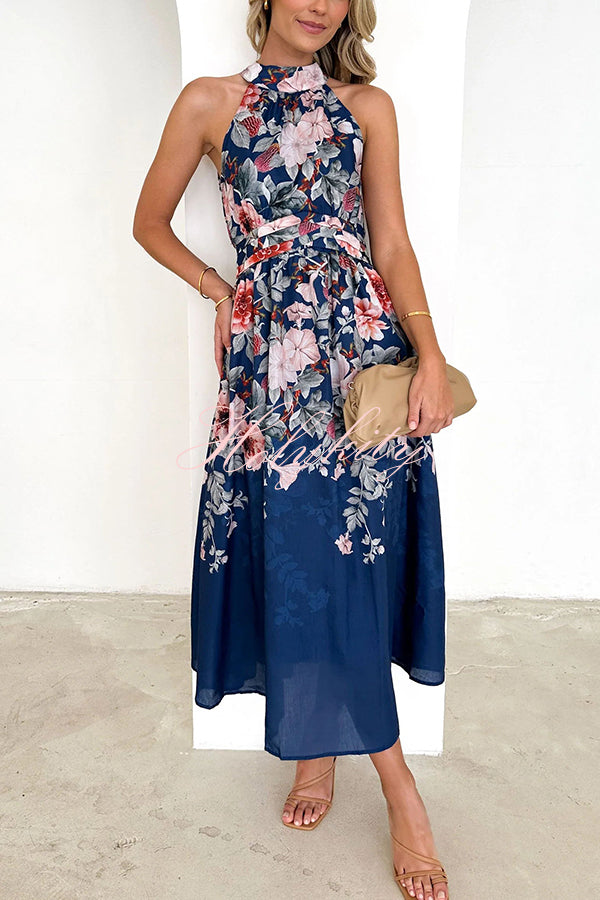 Floral Print Halterneck Tie Zip Smocked Maxi Dress