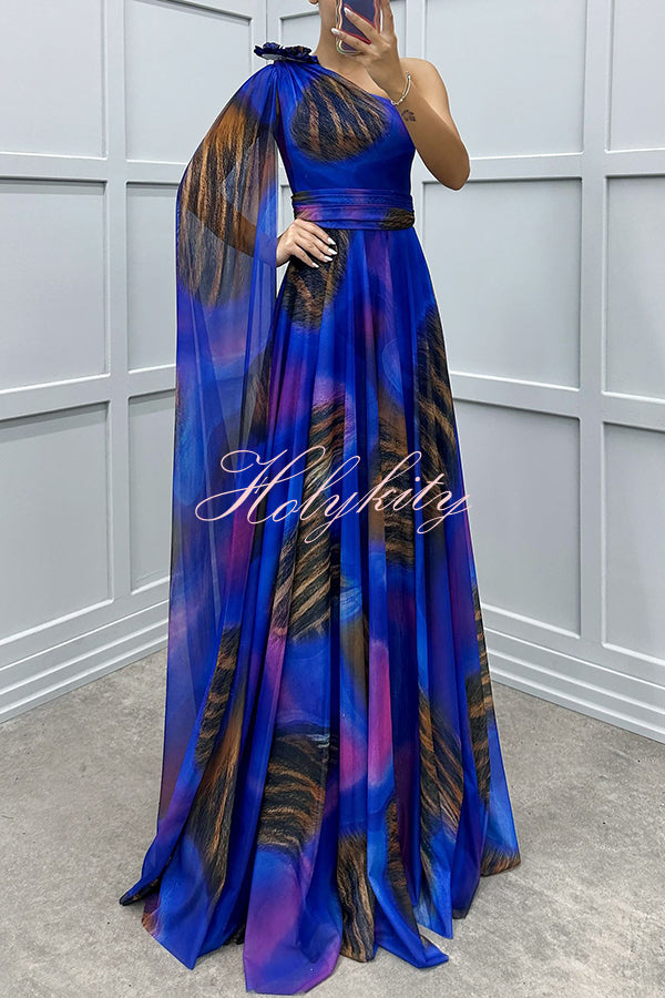 Lucia Unique Print Floral Detail One Shoulder Draped Sleeve Gown Maxi Dress