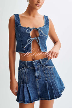 Heather Denim Center Front Tie-up Crop Tank Top