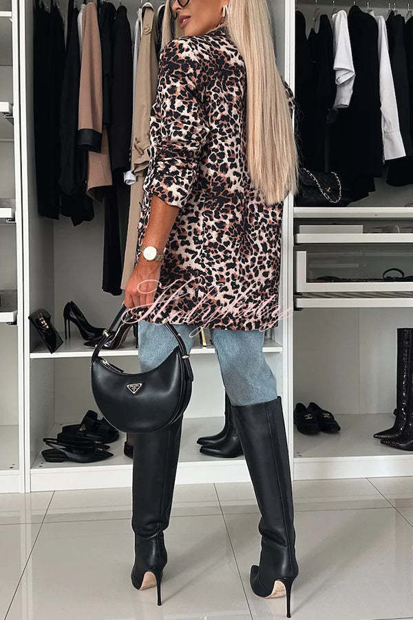 Choose Unique Leopard Print Lapel Long Sleeve Relaxed Blazer