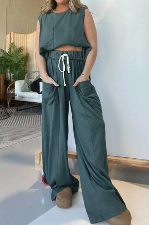 Best Comfort Pocketed Tank Top and Elastic Waist Wide Leg Pants Set