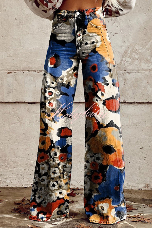 Beautiful Unique Print Button Pocket Wide Leg Pants