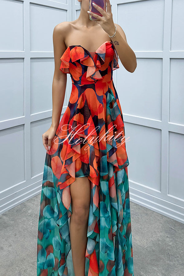 Loving Moment Gradient Unique Print Flowing Layered Ruffles Strapless Slit Maxi Dress