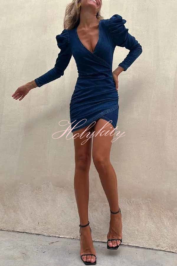 All The Best Denim Puff Sleeve Ruched Stretch Mini Dress