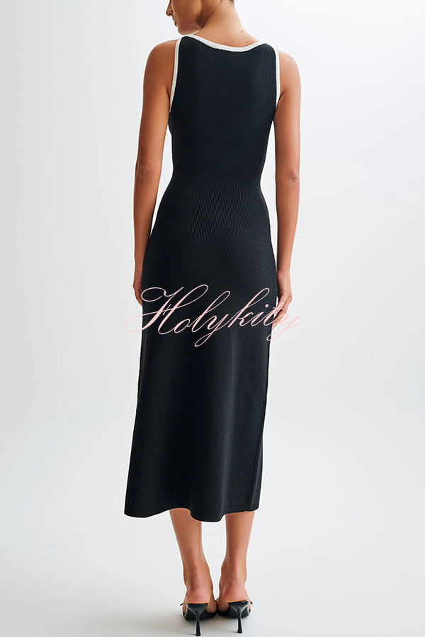 Elegant Slim Fit Crew Neck Buttoned Sleeveless Knit Midi Dress