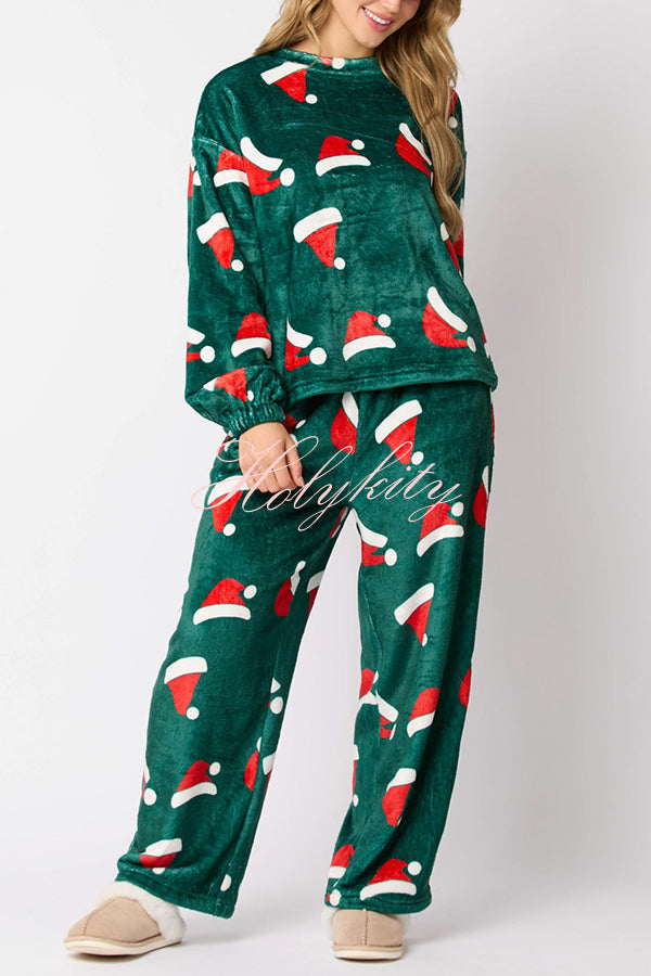 Christmas Printed Crew Neck Long Sleeve Top and Elastic Waist Loose Pants Set