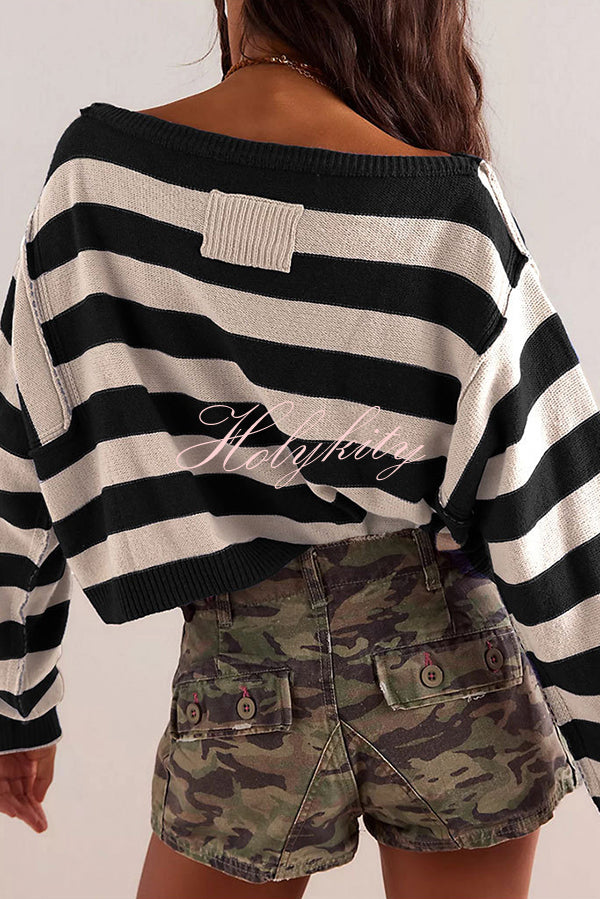 Striped Print Crew Neck Long Sleeve Loose Knitted Sweater