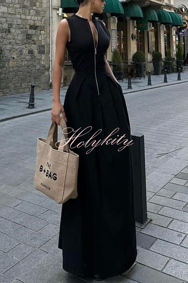 Stylish Sleeveless Zippered V-neck Slim Fit Maxi Dress
