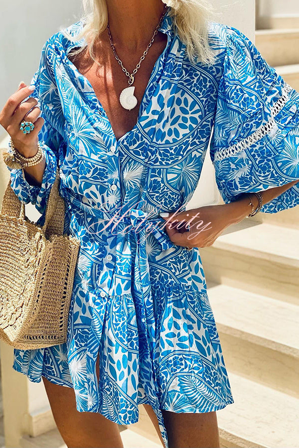 Tocan Palm Tree Printed Puff Sleeve Button Belted Loose Mini Dress