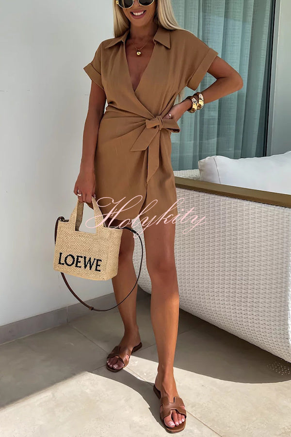 Relaxing Beach Linen Blend Solid Color Wrap Loose Shirt Romper