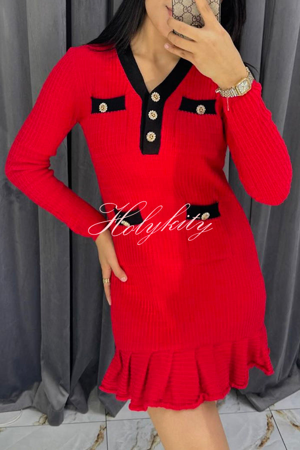 Stylish Waffle Contrast V-neck Ruffled Knitted Mini Dress