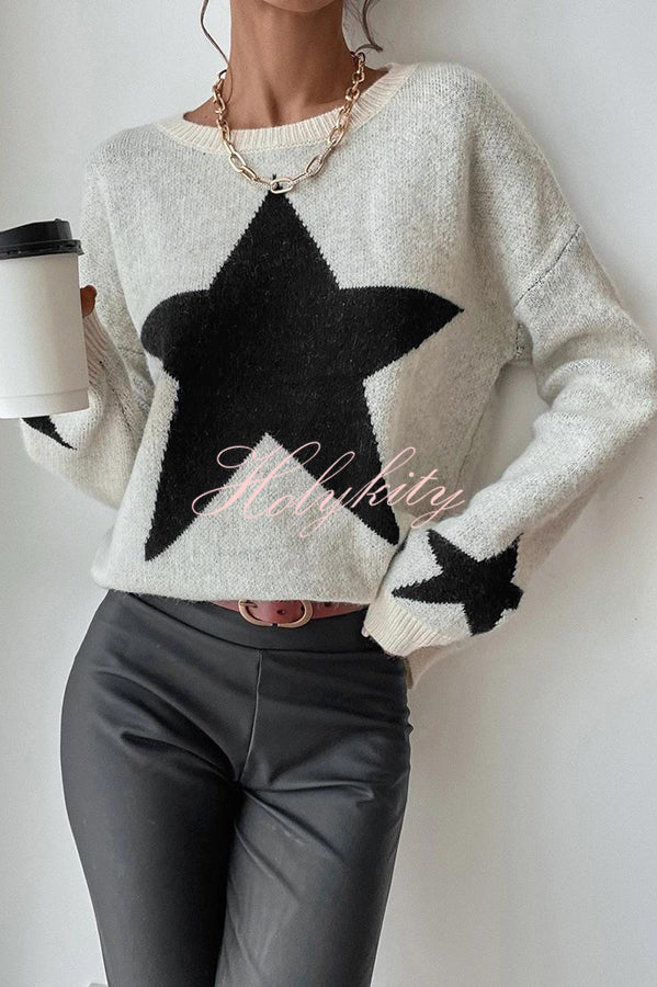 Essnce Star Pattern Crew Neck Long Sleeve Sweater