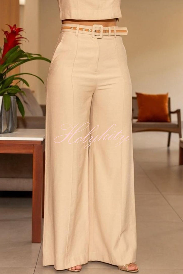 Solid Color Slim Fit Sleeveless Crew Neck Top and High Waist Pocket Wide Leg Pants Set