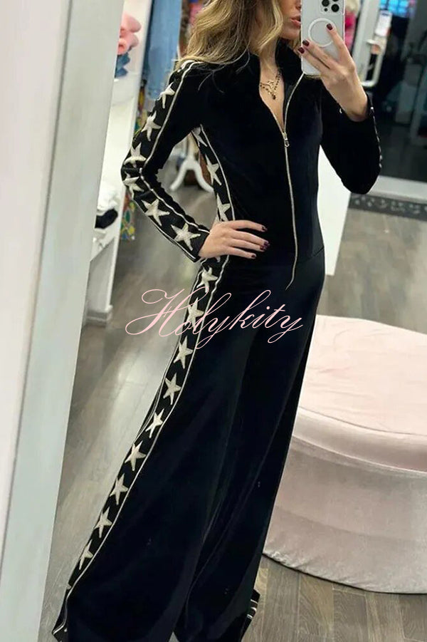 Star-print Velvet Patchwork Zipped Wide-leg Jumpsuit