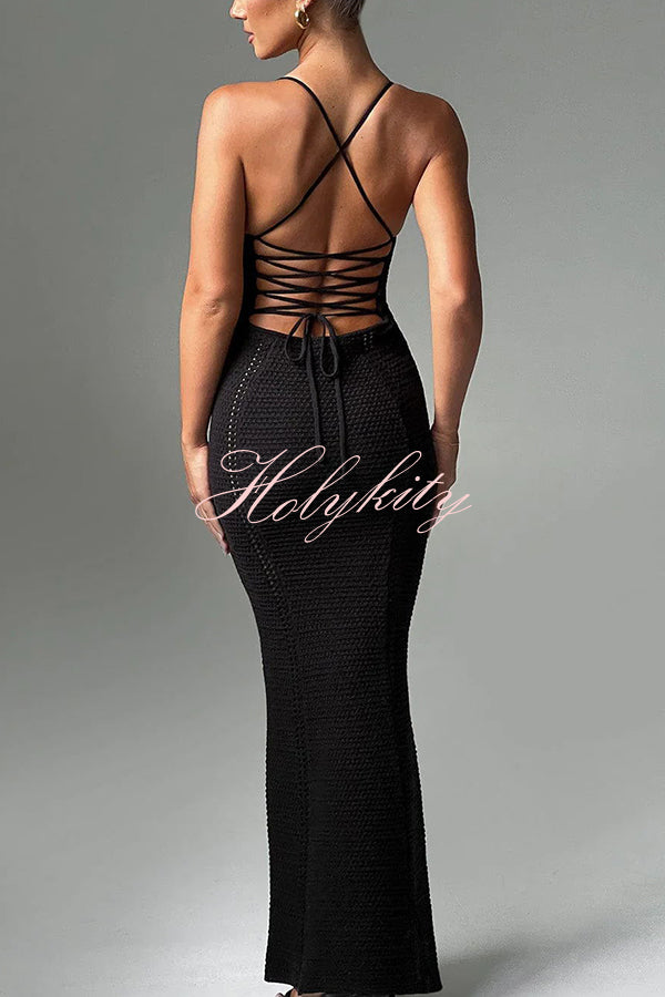 Warm Weather Favorite Knit Crochet Hollow Out Back Lace-up Stretch Maxi Dress