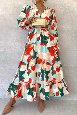 Colorful Printed V-neck Waist High Slit Ruffled Maxi Dress