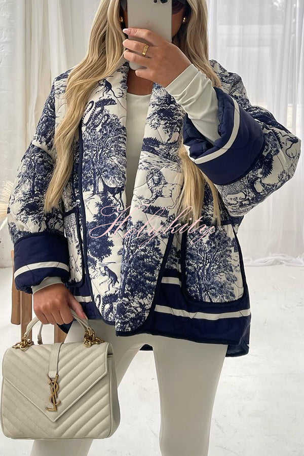 Romantic Songs Porcelain Ink Printed Pocket Quilted Cotton Kimono Jacket