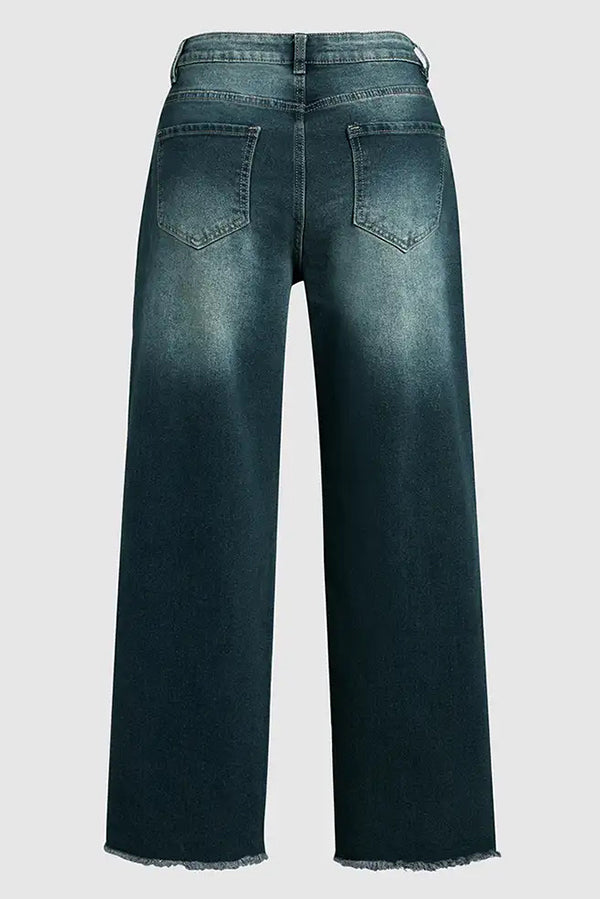 Stylish Raw-edge Mid-rise Pocket Stretch Straight-leg Jeans