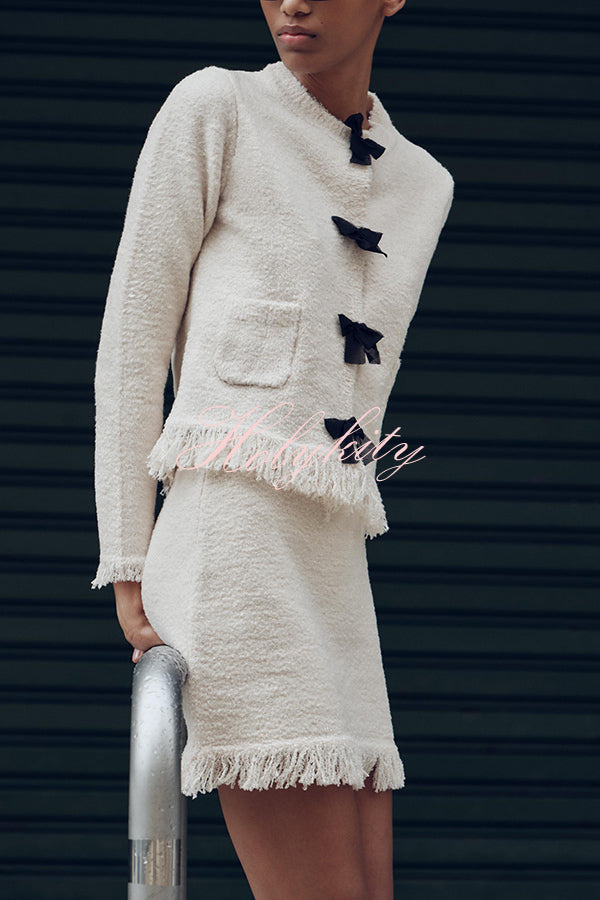 Fashion Round Neck Long Sleeve Bow-decorated Pocket Knitted Jacket