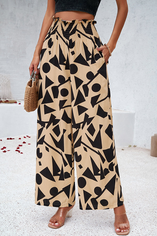 Uniquely Printed Ruffled Elastic Waist Pocket Pleated Wide Leg Pants