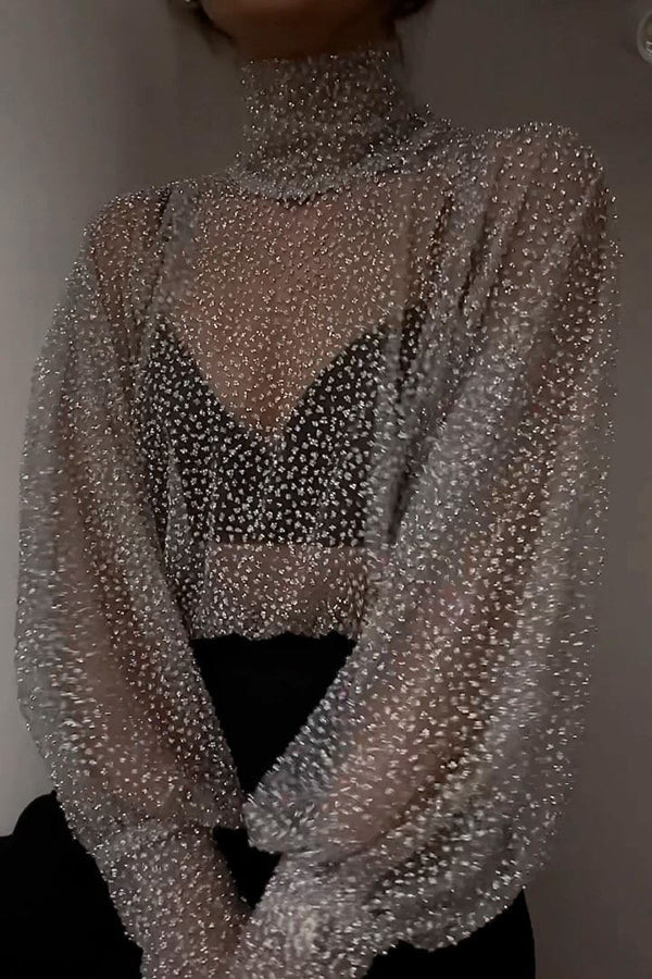 Wear Tool Glitter Decoration Mesh High Neck Lantern Sleeve Blouse