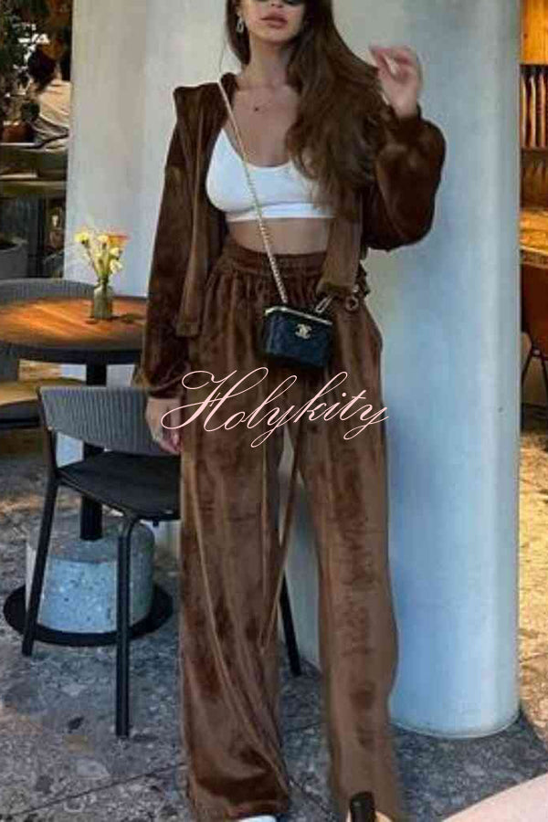 Velvet Casual Zip-up Hooded Top and Elastic Waist Wide Leg Pants Set