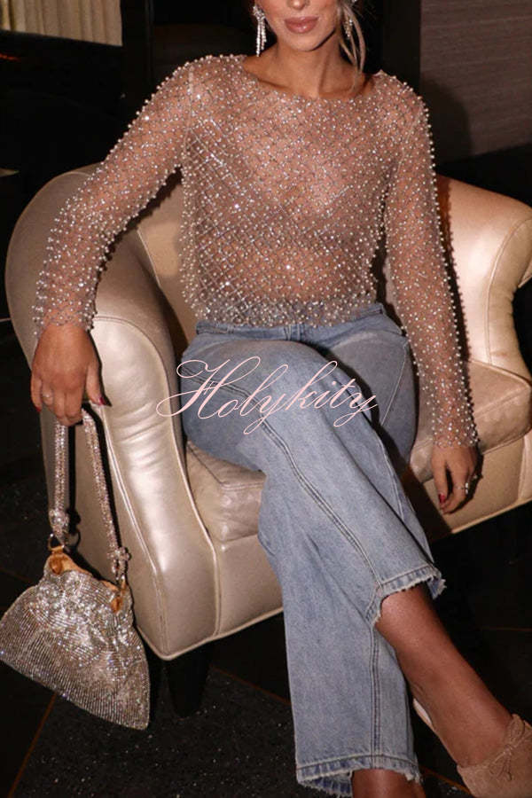 Champagne Kiss Sparkling Pearls Long Sleeve Loose Sheer Top