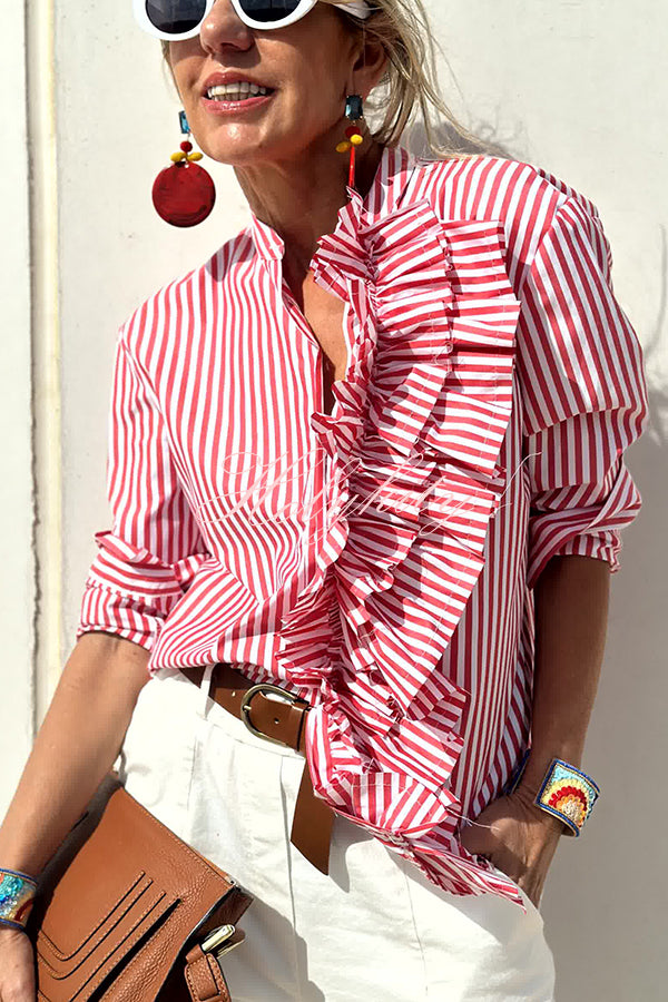 Nasima striped print ruffles trim button long sleeve loose blouse