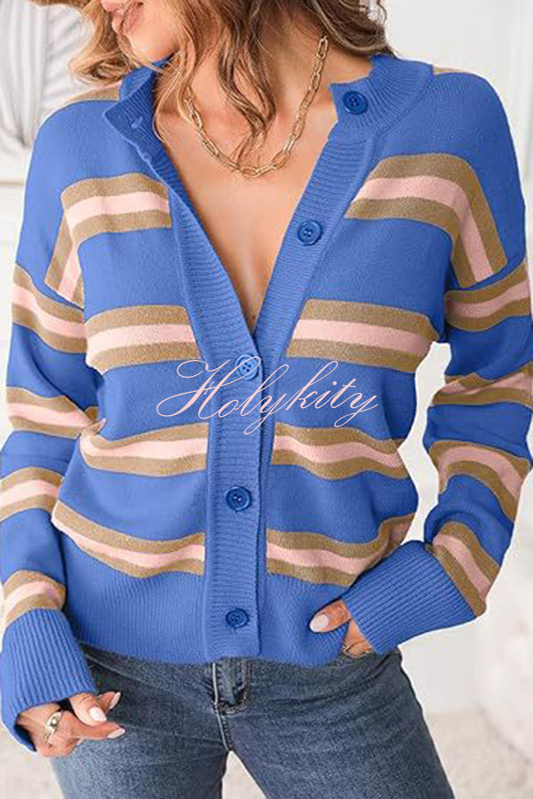 Colorblock Striped Knitted Long-sleeve Cardigan