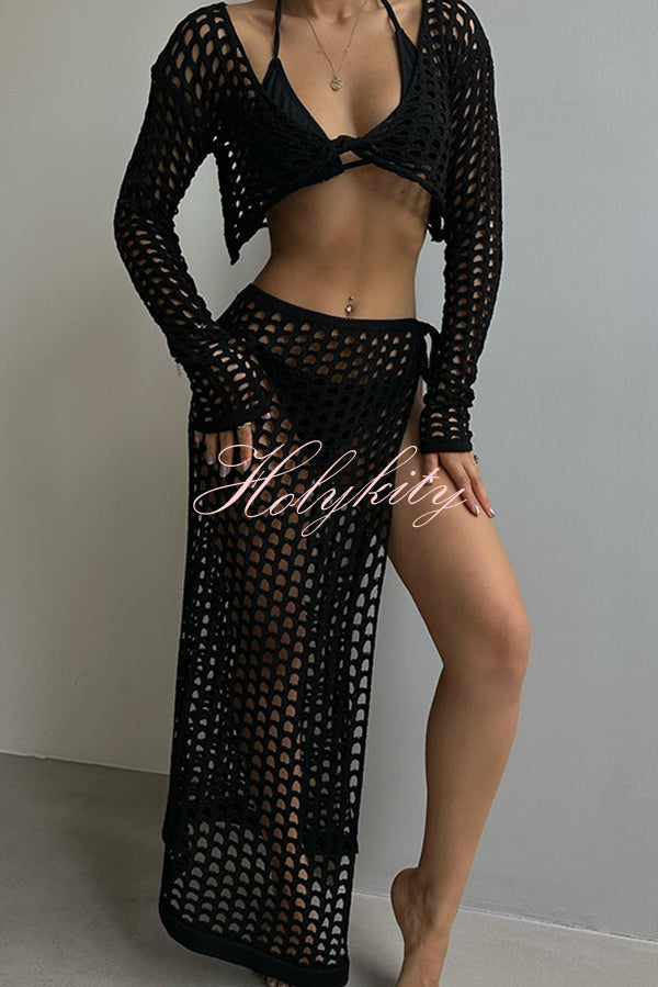 Solid Color Sexy Hollow Long Sleeve Top and Lace-up Slit Knitted Cover-up Maxi Skirt Set